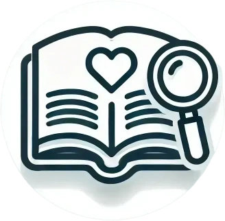 Illustration d'un livre ouvert avec un cœur au centre et une loupe à côté, symbolisant le guide du donateur Illustration d'un livre ouvert avec un cœur au centre et une loupe à côté, symbolisant le guide du donateur